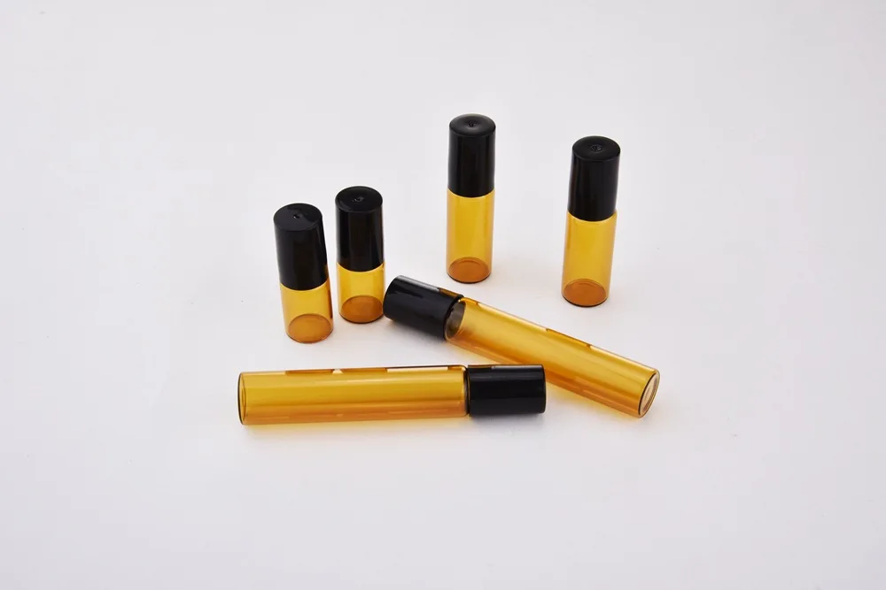 20pcs/lot 3ML 5ML 10ML Amber Thin Glass Roll on Bottle Sample Test Essential Oil Perfume Vials with Black Roller Metal Ball