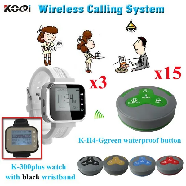 K-300plus+K-H4-Ggreen 3+15 Wireless Calling System 3pcs Wrist Watch 15pcs Table Buzzer Restaurant Wireless Waiter Call Bell For Catering Equipment