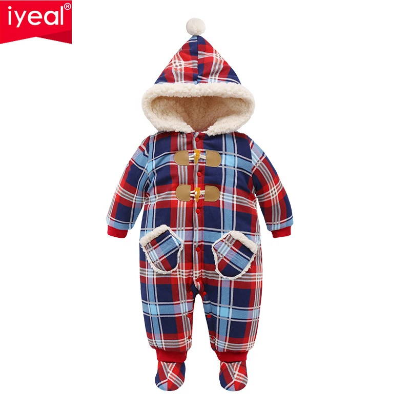 IYEAL Christmas Baby Girl Clothes Winter Rompers Kids Infant Newborn Plaid Jumpsuit Thickening Cotton Warm Romper for 0-18M