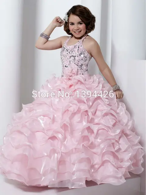 Best price at $143 Cheap Sweet Girl Gorgeous Pageant Dress Organza Ruched Zipper Halter Beading Ball Gown Wedding Child Dress Hollow Back Vestido Daminha