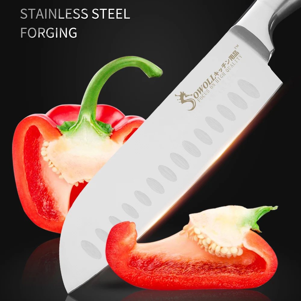 SOWOLL шеф-повара для нарезки хлеба Santoku утилита для очистки овощей японские кухонные ножи из нержавеющей стали нож Utral острый для приготовления мяса Кливер