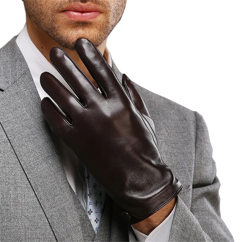 2019 New Men's Genuine Leather Gloves Male Autumn Winter Plush Lined Lambskin Leather Gloves For Driving M001NC-1