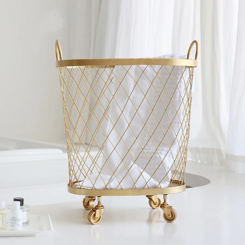 gold metal Nordic Modern Magazine Newpaper Storage laundry Basket Barrel Vintage Industrial Style Metal Wire Holder