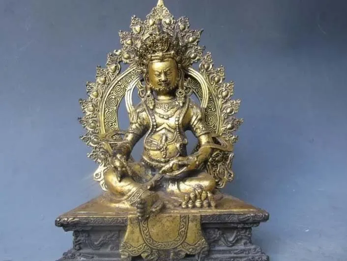 

10"Tibet Buddhism Folk Temple Old Bronze Gild Yellow Jambhala Buddha Statue