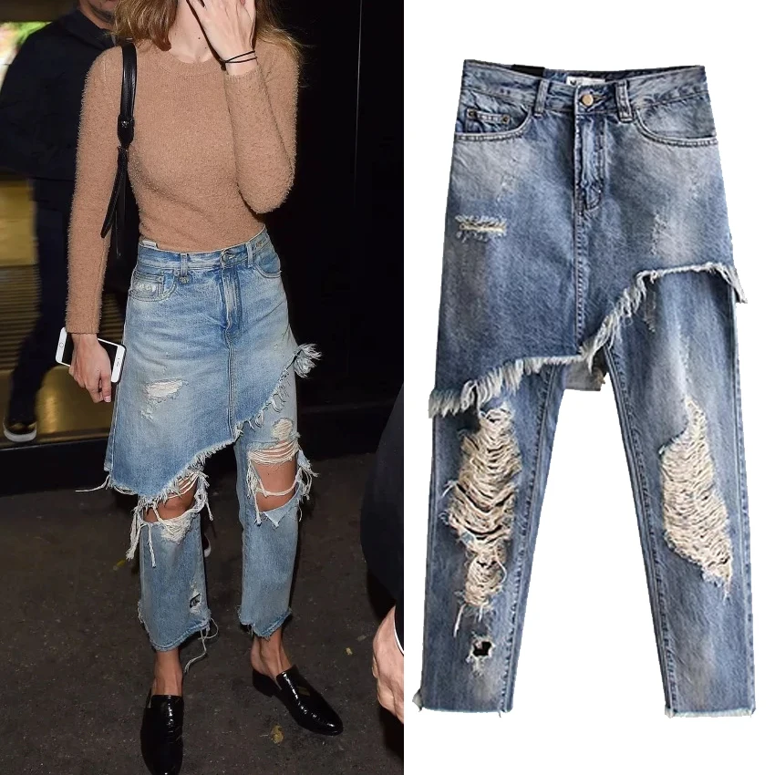 Модные, уникальные, с дырками, ретро, из искусственной кожи, два предмета, тонкие джинсовые брюки-карандаш, женские, уличный стиль, джинсы с высокой талией, D429