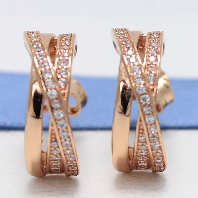 

ROCKART Real 925 Sterling Silver Entwined Half Hoop Earrings With Clear CZ Gold Color For Women Fine Jewelry Gift New Hot