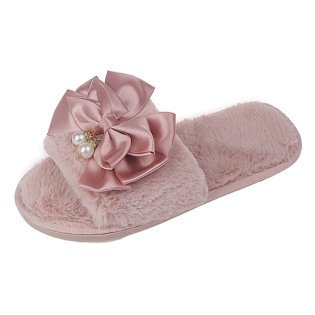 

SAGACE Women Warm Solid Bow Knot Plush Soft Slippers Indoors Floor Bed Room Shoes Flock Upper Material Butterfly-knot Slippers