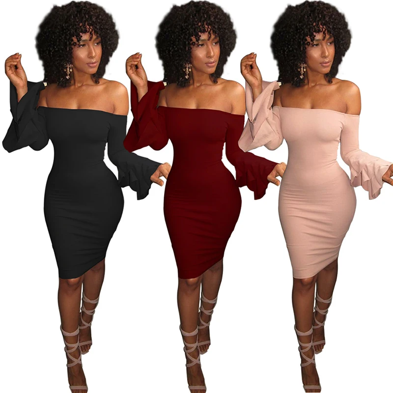 

Sexy Slim Skirt Solid Color Collar Card Shoulder Ruffle Sleeve Long Sleeve Step Skirt Tight Ladies Dress