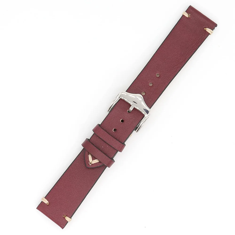 

Wholesale 20 22mm Dark Red Handmade Stitches Cowhide Leather Watchband Strap Band With Silver Pin Buckle