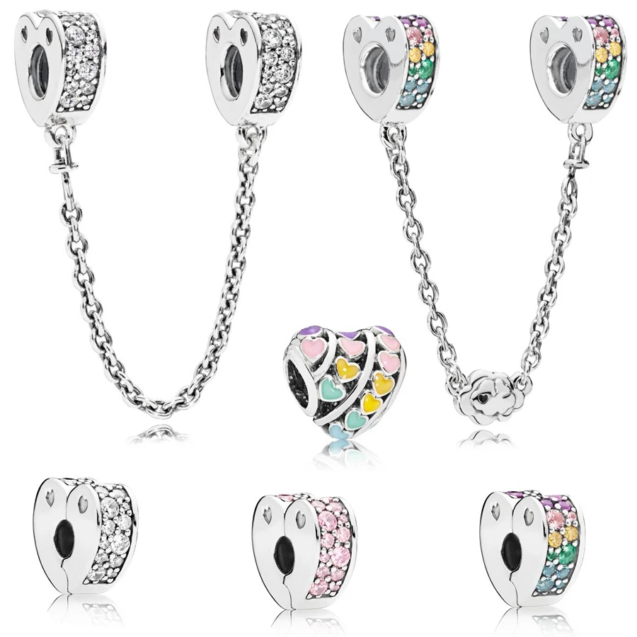 

2018 Real 925 Sterling Silver Multi-colour Arcs Love Safety Chain&Clip Charm Fit Original pandora Bracelet Bead DIY Jewellery