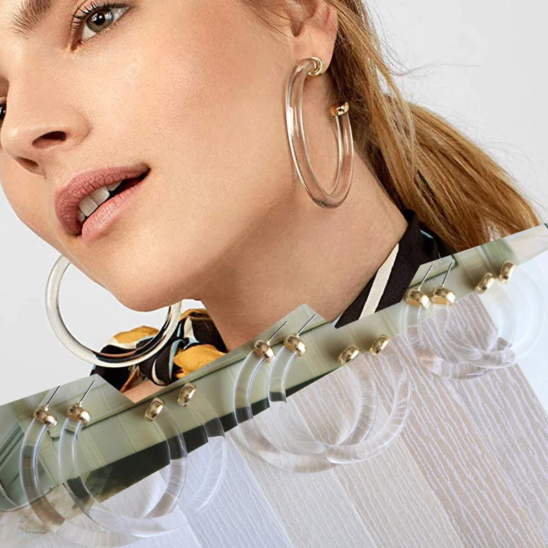 

IGU 2019 Korea good Quality Transparent Resin Earrings Geometric Circle Alloy Metal Clear Resin Earrings Europe America