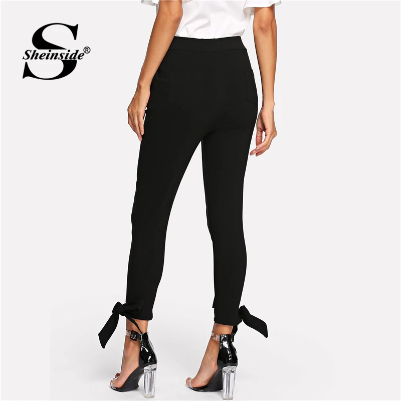 Sheinside, УЗЕЛКОВЫЙ подол, одноцветные обтягивающие брюки-карандаш, черные брюки, Женская рабочая одежда, осень, тянущиеся женские длинные штаны и капри