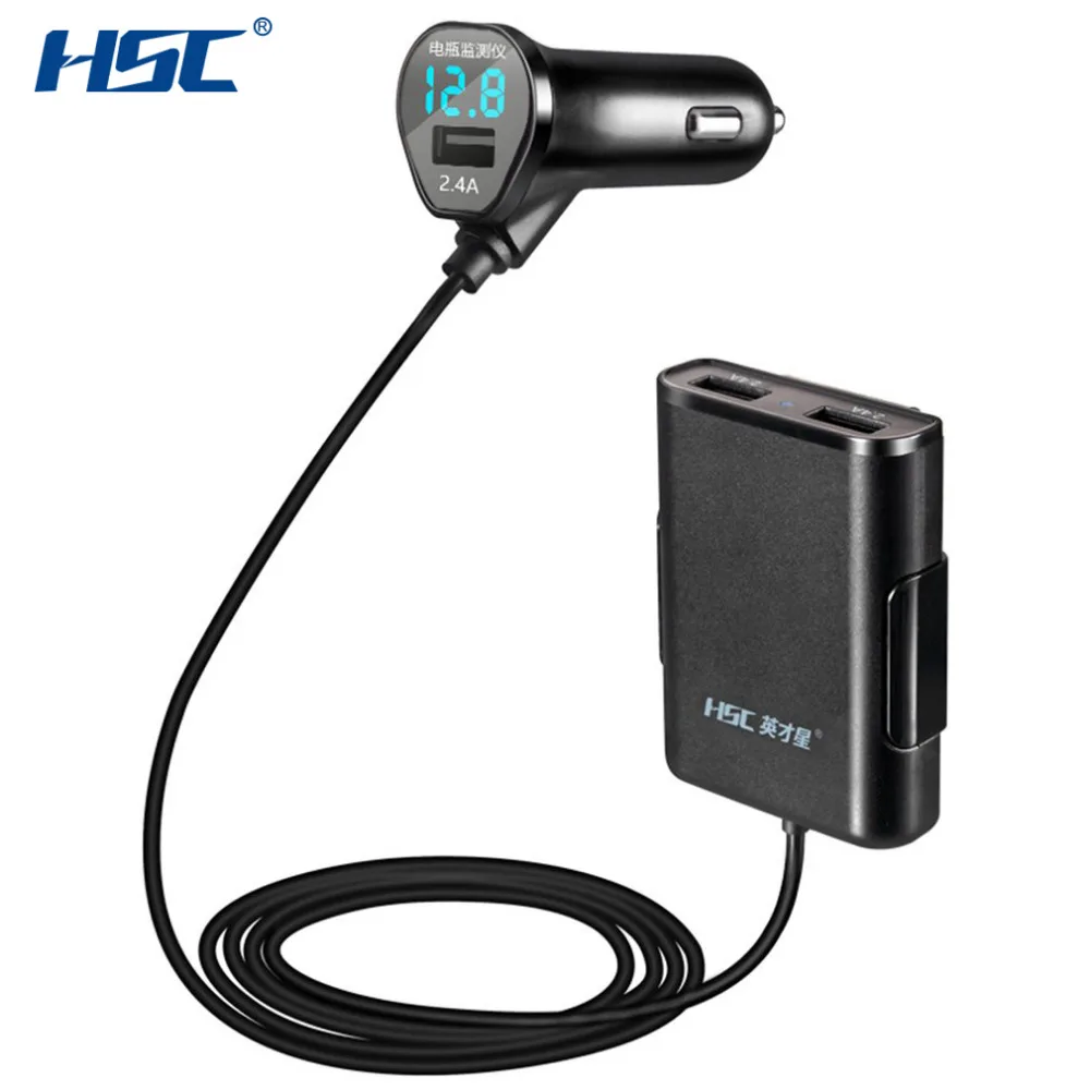 

HSC-600D Adjustable 7.2A 3 USB Extension Cable Car-Charger Car Front And Rear Seat Car Charger With Voltage Detection New Hot