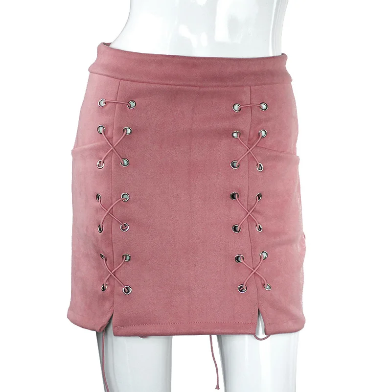 Aonibeier, Женская Мини юбка на шнуровке, винтажная, универсальная, бандажная юбка, модная, Осень-зима, высокая талия, облегающая, короткая, юбка-карандаш - Цвет: Pink