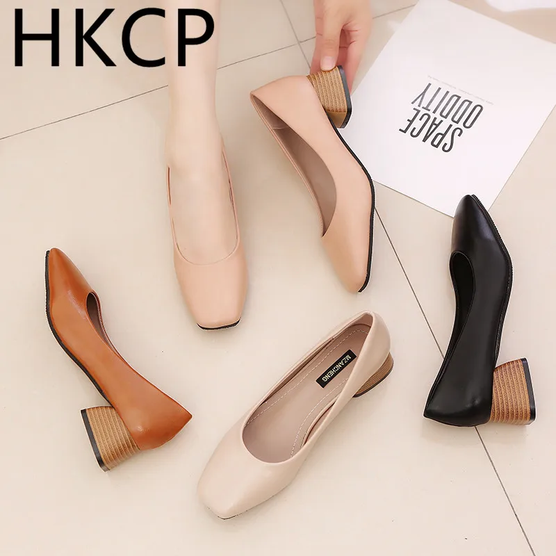 

HKCP Spring and autumn square head thick heel single shoe female shallow mouth heel high heel han version work shoe C126