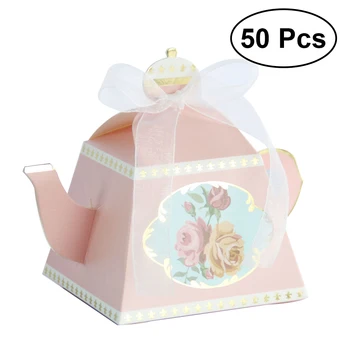 

50pcs Hot Stamping Floral Classic Teaport Shape Candy Box Candy Holders Paper Favor Box Gift Box for Weddings Parties