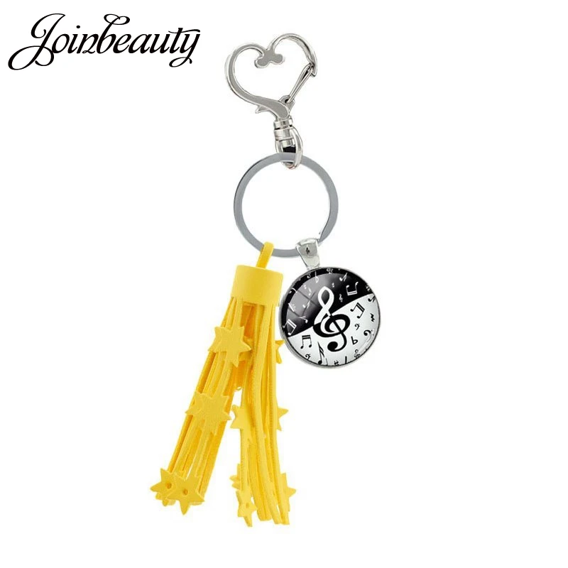 

JOINBEAUTY Musical Instrument Picture Pendant Keychain Music Note Glass Dome Tassel Heart Clasp Key Ring Holder Women Gift T610