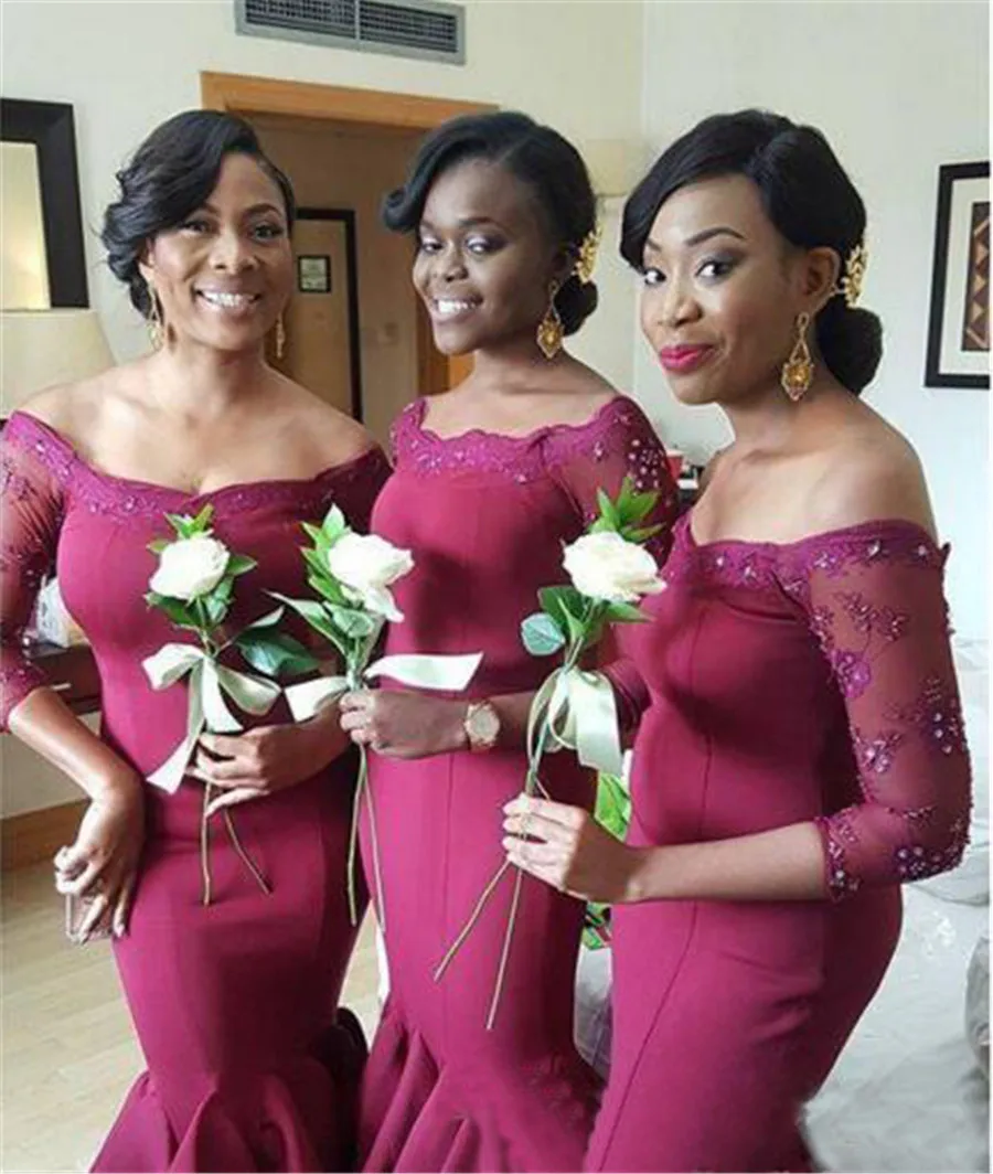 2019 New African Bridesmaid Dresses Boat Neck Long Sleeve Floor Length ...