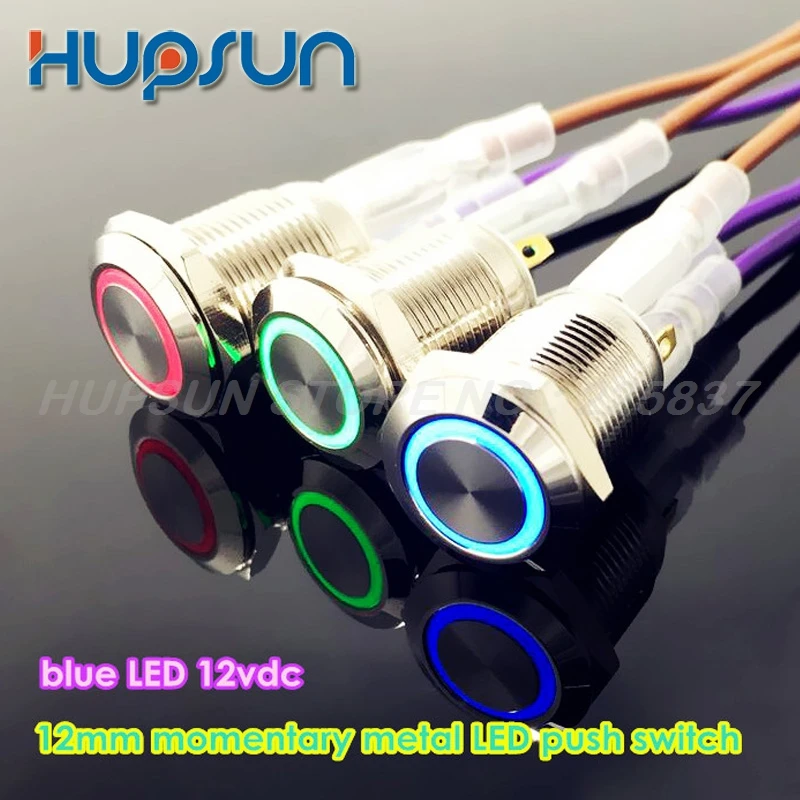 

10pc free shipping 5v 12v 12mm metal waterproof red blue LED illuminated push button switch momentary led push button 12mm