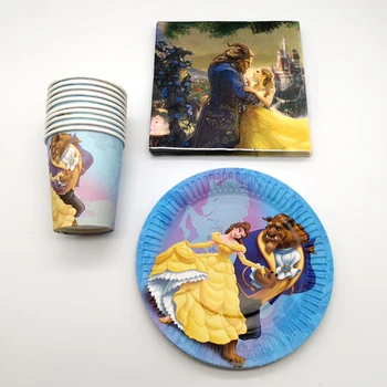 

60pcs/lot Happy Birthday Party Decorate Beauty and Beast Design food grade Paper Plates Cups Baby Shower Girls Favors Napkins