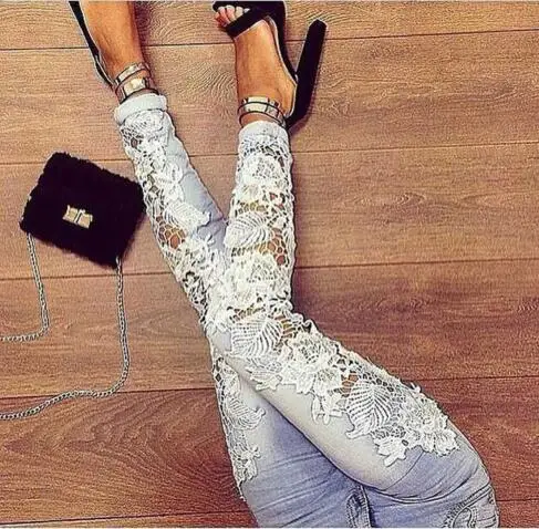Newest Women Sexy Hollow Out Lace Washed Cotton Denim Jeans Pencil Pants Trousers