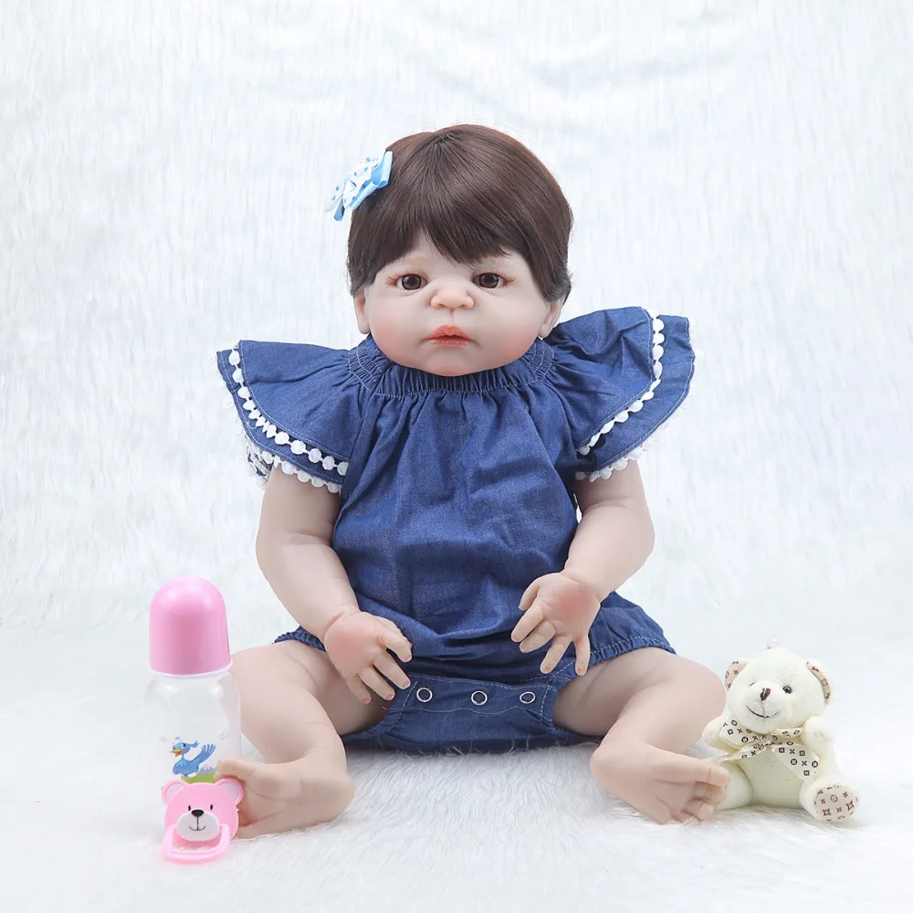 

NPKCOLLECTION57cm New bebe bonecas simulation newborn baby girl with Short-sleeved cowboy clothing silicone reborn baby dolls