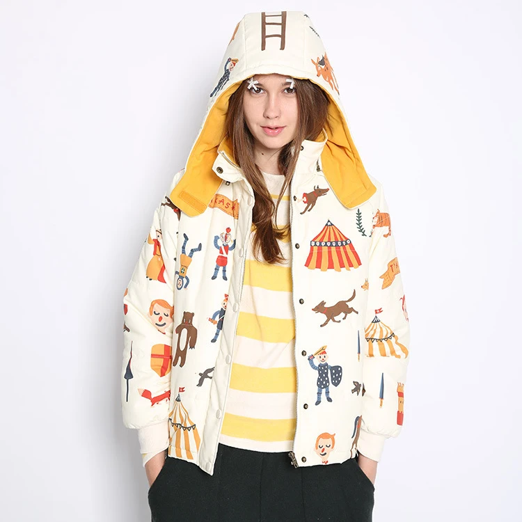 

Vintage Childhood Feel Women's Circus Winter Coat Warm Bread Style Hooded Jacket Cotton Lining Color Beige White