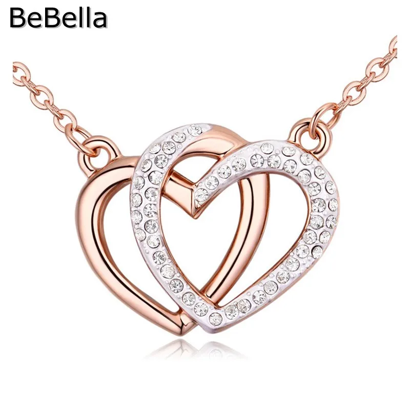

BeBella double heart pendant necklace rose gold color plated fashion jewelry 2018 for women girlfriend lover Christmas gift