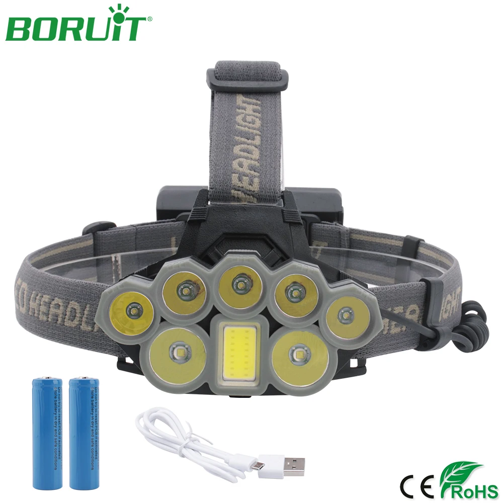 

BORUiT Bright 8 LED Headlamp Flashlight USB Rechargeable Headlights Portable Waterproof Camping Hunting Head Torch 18650 Battery