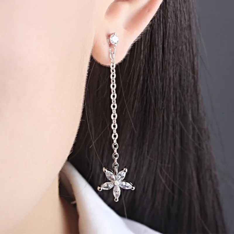 

925 Sterling Silver Tassel Crystal Flower Drop Earrings for Women Gril Authentic Silver Wedding Female Jewelry Bijoux EH762