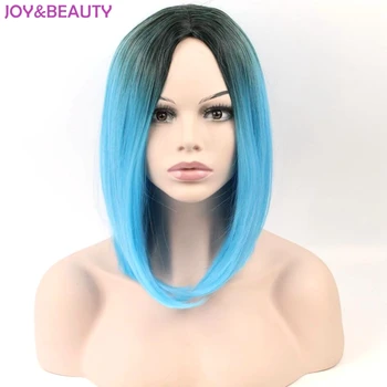 

JOY&BEAUTY Women Short Straight Hair Dark Root Ombre Blue Synthetic Hair Wig Heat Resistant For 35cm Free Shipping