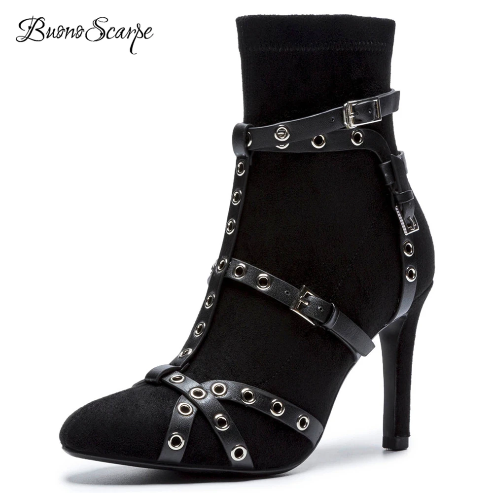 

BuonoScarpe Lady Brand Design Rivets Ankle Boots Flock Leather Strap Pointed Toe Short Boots Metal Buckles Hollow Out 2018 Shoes
