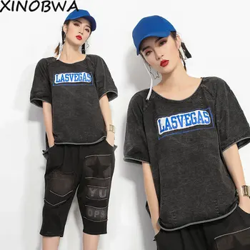 

Europe New 2020 Summer Women High Street Fashion Loose O Neck Letter Printing Vintage Jeans T Shirt Tops Female Casual Shirt Tee
