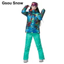 Gsou зимние женские теплые красочные граффити лыжный костюм водонепроницаемый сноуборд синяя куртка зимний теплый костюм спортивные полные костюмы 1798-082