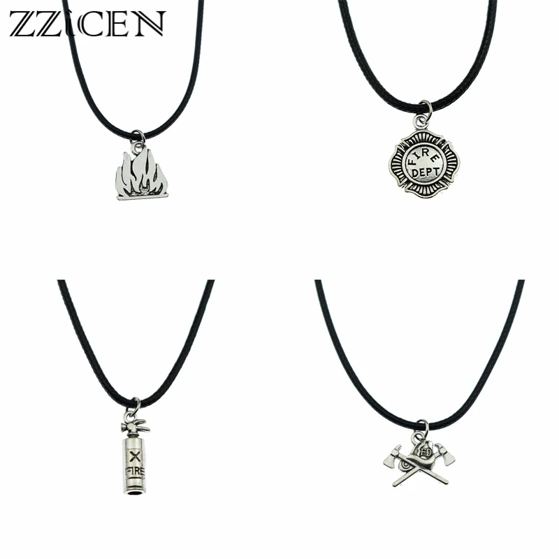 

New Firefighter Collection Charms Antique Silver Tone Fireman Fire Dept Flame Extinguisher Pendant Leather Necklace Gift Jewelry