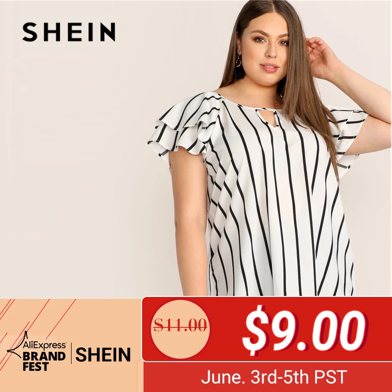 

SHEIN Plus Size White Striped V Cut Front Layered Flutter Raglan Sleeve Top Women Summer Elegant Cut Out Butterfly Sleeve Shirt