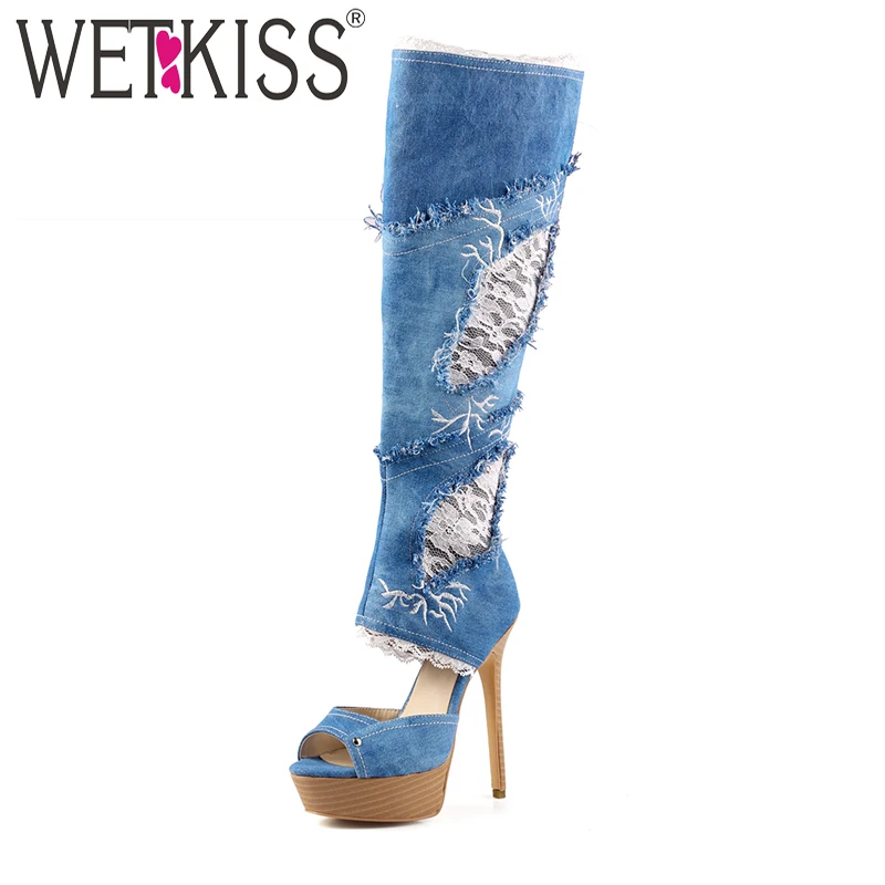 

WETKISS New Customized Denim Knee Women Boots Lace Holed Sexy Peep Toe High Heels Footwear Platform Ladies Summer Fashion Shoes