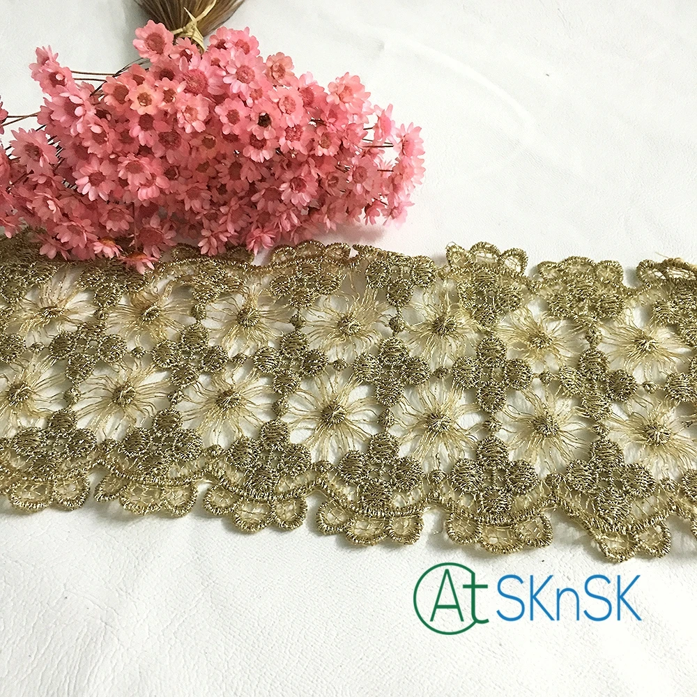 

Newest lace1 yard/lot 9cm width creative nigerian dress lace trim african guipure gold flower embroidered lace ribbon A1