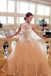 Кружева свадебные платья 2016 A-Line высокая шея sash аппликации блестками свадебные платья Vestido Де Noiva 2014 Robe de mariage HS194