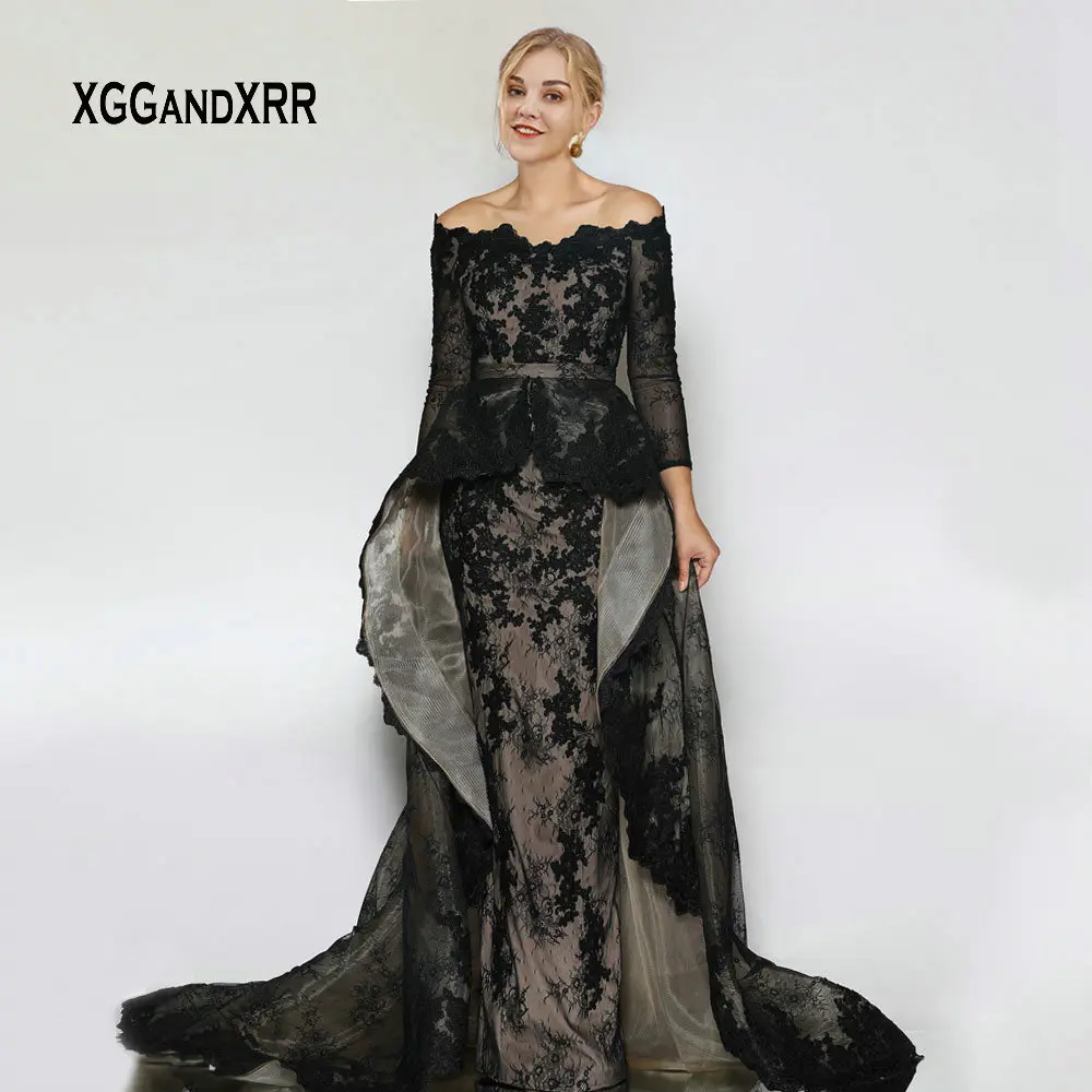 

Elegant Black Mermaid Long Lace Evening Dress with Detachable Train Sexy Off Shoulder Appliques Long Sleeves Formal Party Dress