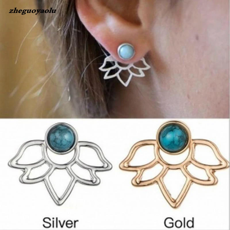 

New Personality Unique Retro Green Stone Lotus Petal Hollow Leaf Earrings Boucle D'oreille Femme 2017 Earrings For Women Brincos