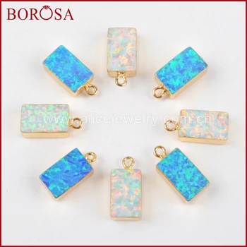 

BOROSA 10PCS Rectangle Gold Color White and Blue Japanese Opal Charms, Man-made Opal Charm Gems for Earrings/Necklace G1466