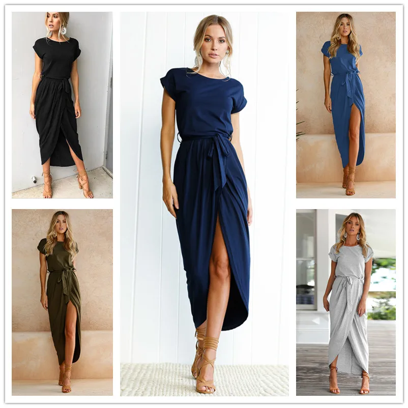 

3XL Plus Size Women Dress Summer Casual O-Neck Short Sleeve Sashes Dress Womens Irregular Black Blue Dress Robe Femme Vestidos