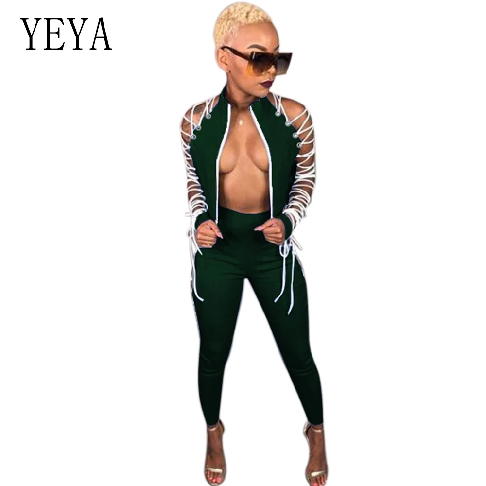 YEYA 2 Piece Set Lace Up Bandage Jumpsuit Stand Neck Zipper Hollow Out Bodycon Romper Sexy Party Club Wear Long Sleeve Overalls