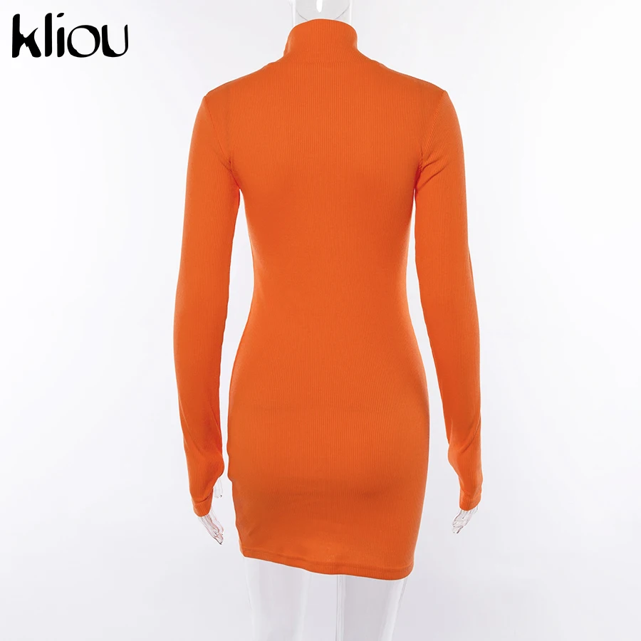 Women elastic skinny dress solid Fluorescence color turtleneck full sleeve thumb holes ladies casual dresses
