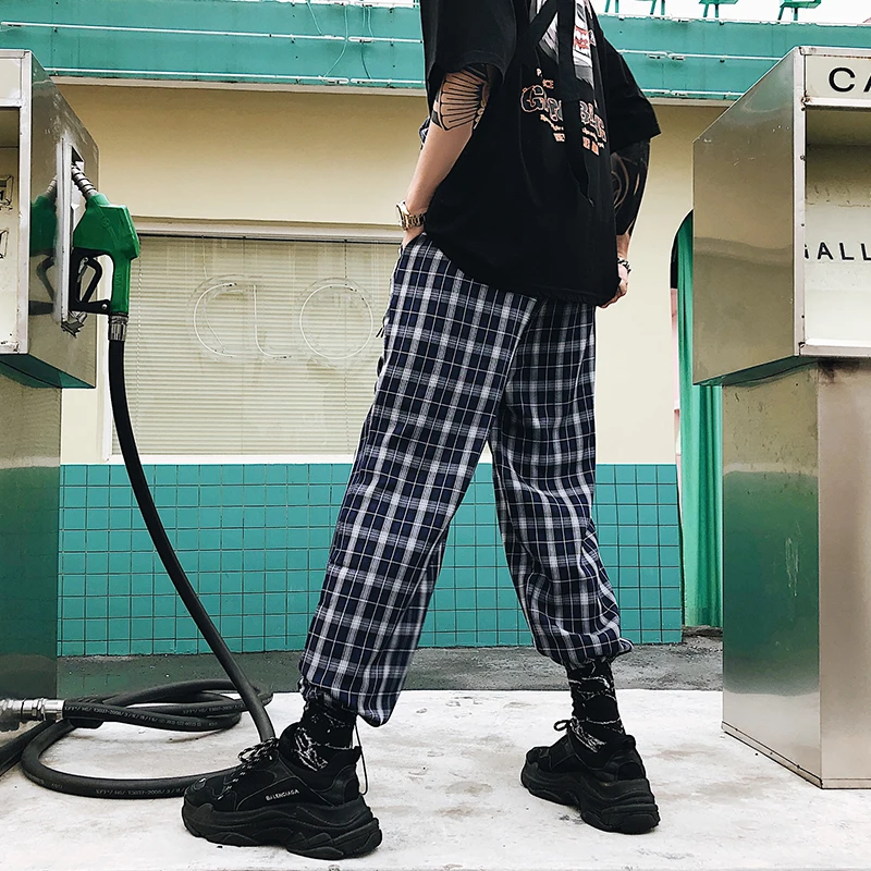 

Checkered Pants Side Pockets Elastic Waist Drawstring Women Hip Hop Pants with Messenger Bag 2019 Fashion Full Length Pants