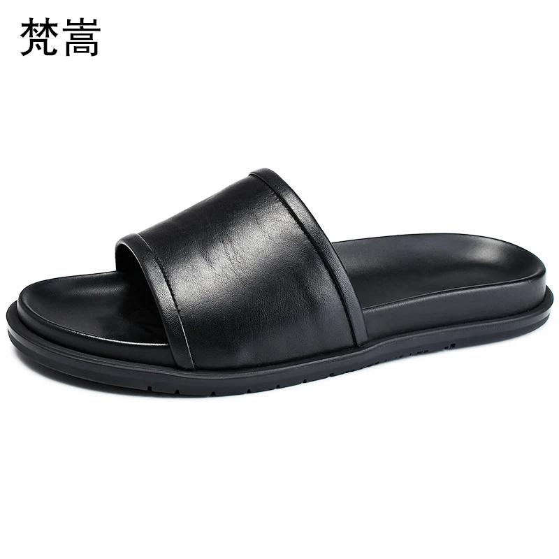 

slippers men lazy leisure anti-skid soft bottom trend leather sandals large size fender summer men genuine leather slippers
