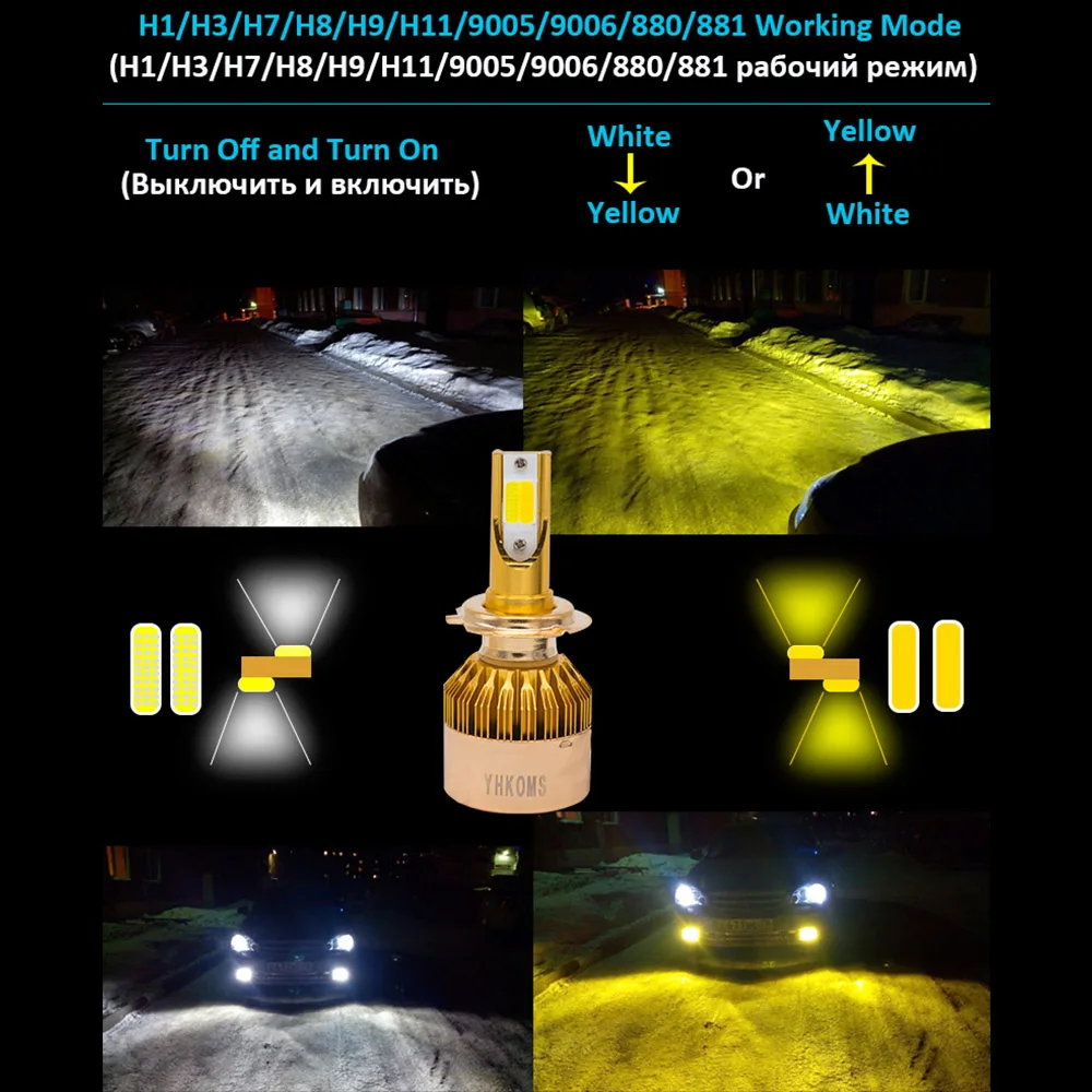 Yhkoms фар автомобиля H4 LED H7 светодиодные лампы 3000 К 6000 H1 H3 H8 H11 9005 HB3 9006 HB4 880 881 H27