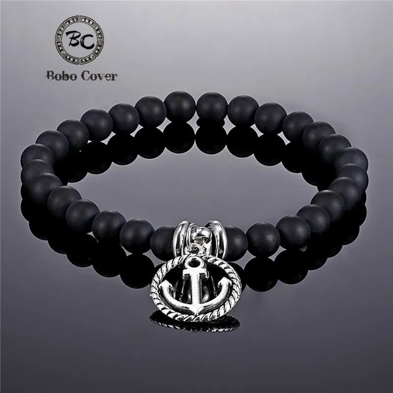 

2019 New Nature Stone High quality Matte Black Beads Classic Couple anchor bracelets bangles Women Yoga Men Charm Bracelet homme