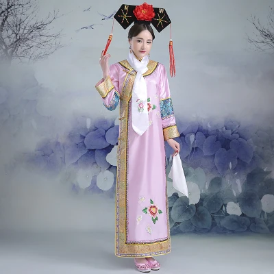 Китайский королевский костюм династии Цин, костюм принцессы с головной убор, 8 цветов, китайское Старинное платье, розничная, маньчжу корт, платье - Цвет: Розовый